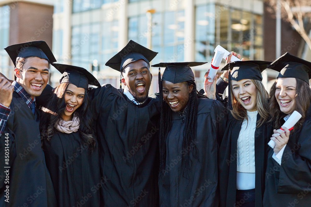 Obraz premium Excited, university and portrait of friends for graduation, ceremony and academic success. College, diversity and happy men and women on campus with achievement for education, learning and studying