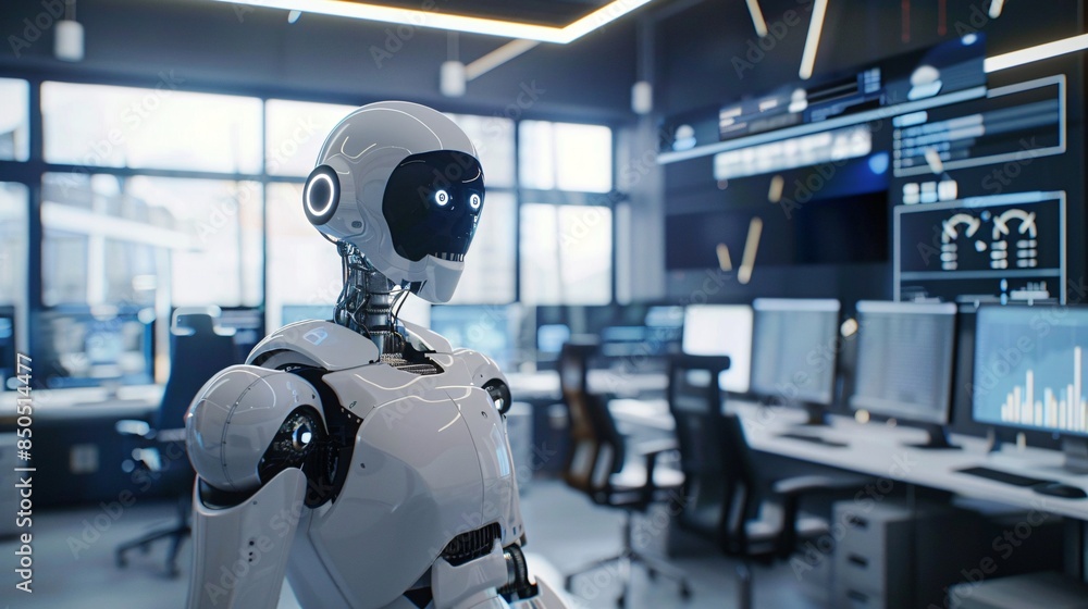 AI-driven recruitment tool in action, a robot assisting in the office. AI-driven recruitment tool in action, a robot assisting in the office.