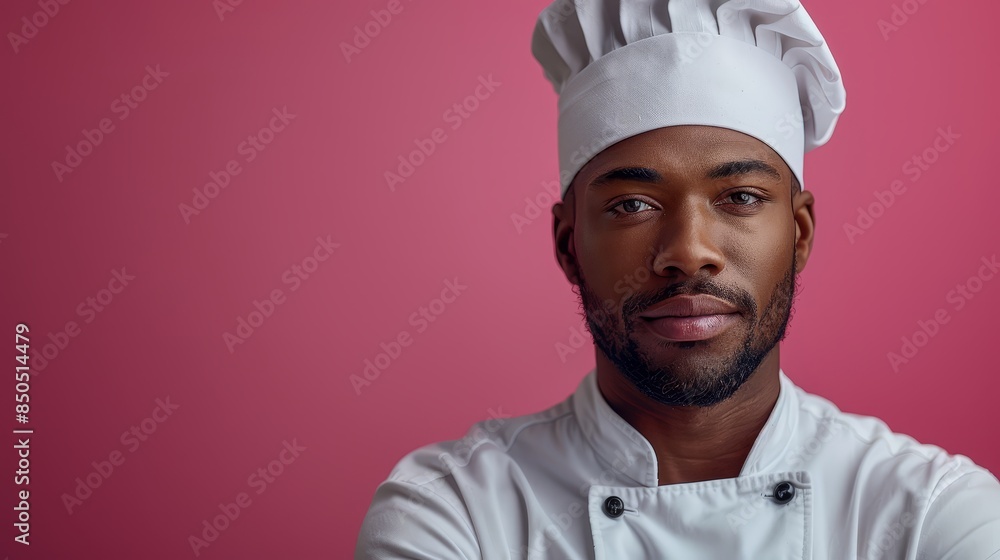 Male chef with arms crossed looking calm - A stern-looking male chef in a white uniform with folded arms against a pink background Male chef with arms crossed looking calm - A stern-looking male chef in a white uniform with folded arms against a pink background