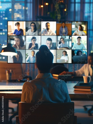 A professional working from a well-organized home office, interacting on a video call with colleagues displayed on the computer screen.