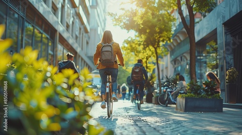 Eco-friendly office practices, people using green commuting options.