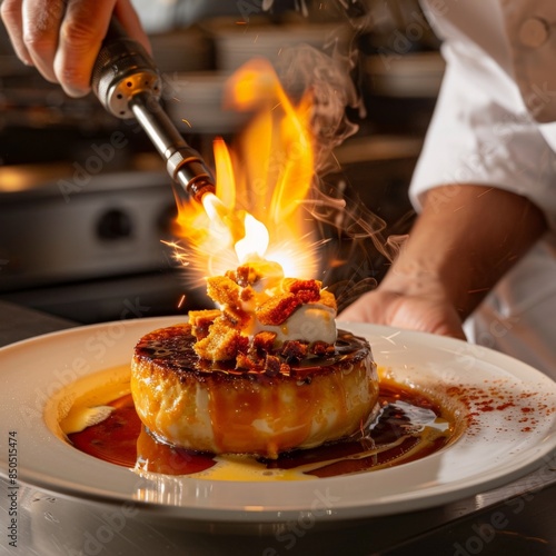 A chef using a blowtorch to caramelize the top of a dessert, adding a caramelized finish.