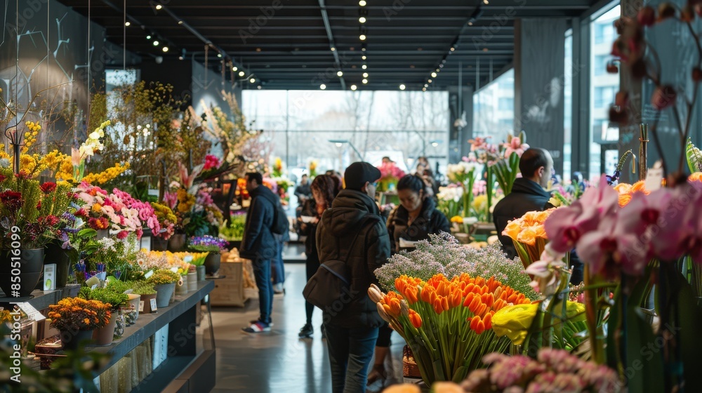 An array of colorful flowers and plants in a busy indoor market with shoppers browsing and selecting items An array of colorful flowers and plants in a busy indoor market with shoppers browsing and selecting items