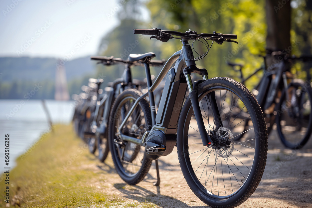 Electric Bikes at a Charging Dock. Background with selective focus and copy space Electric Bikes at a Charging Dock. Background with selective focus and copy space