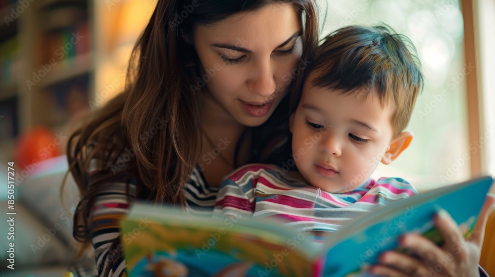 A loving mother reads a book to her young child, sharing an affectionate moment together A loving mother reads a book to her young child, sharing an affectionate moment together