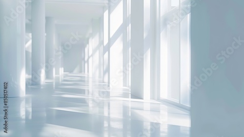 Abstract blurred modern workspace background white indoor interior office or hospital with window and the light with copy space Blurry backgrounds for advertising and business presenta : Generative AI