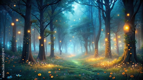 Mystical fairy tale forest at night with glowing fairy fireflies lights creating a spooky fantasy landscape, forest photo