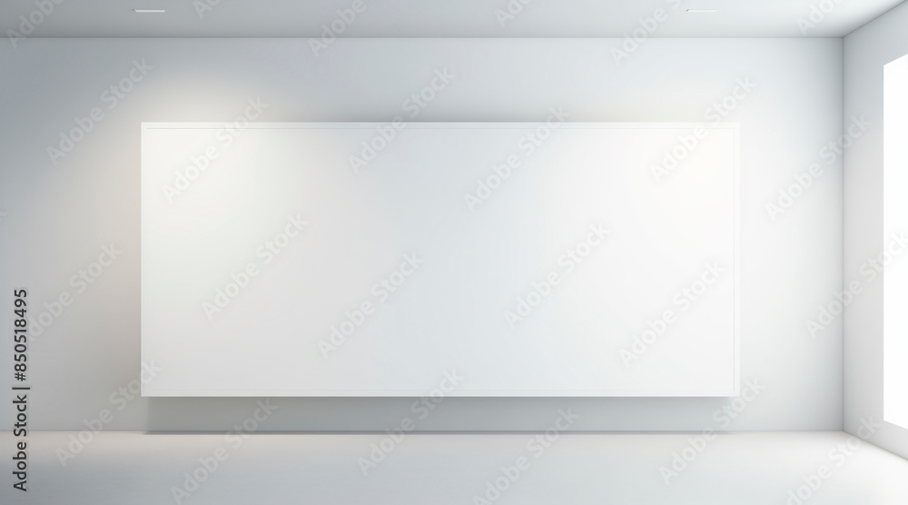 A white blank billboard on the wall, in a minimalist style, with a simple and clean background, with sunlight shining from above A white blank billboard on the wall, in a minimalist style, with a simple and clean background, with sunlight shining from above