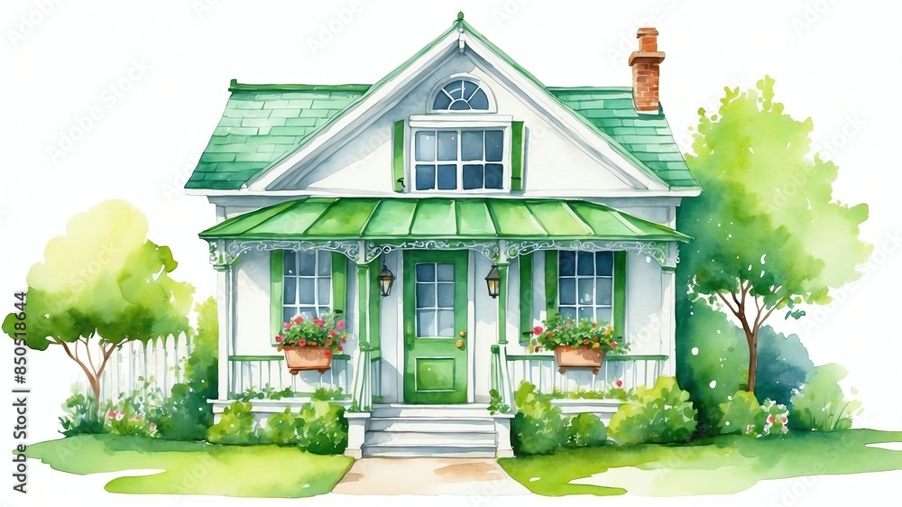 small cute green house watercolor painting front facade exterior on ...