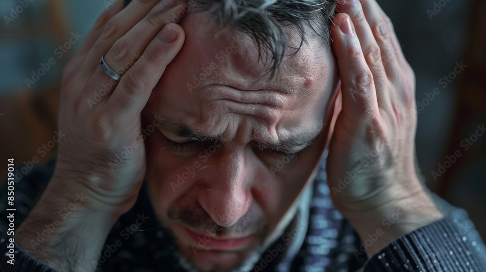 Vertigo illness concept. Man hands on his head felling headache dizzy sense of spinning dizziness,a problem with the inner ear, brain, or sensory nerve pathway. Vertigo illness concept. Man hands on his head felling headache dizzy sense of spinning dizziness,a problem with the inner ear, brain, or sensory nerve pathway.