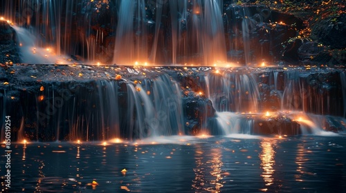 Liquid gold waterfalls lit by lanterns with floating fragrant petals backdrop © javier
