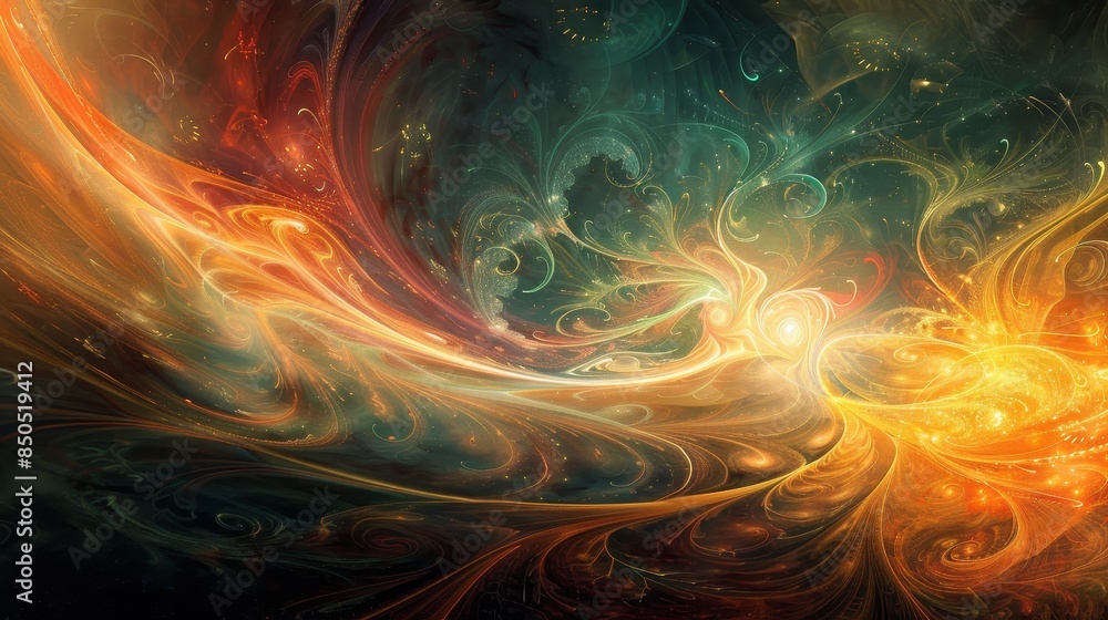 Fototapeta premium Light and energy ribbons swirl celestial bodies glow on a surreal landscape backdrop