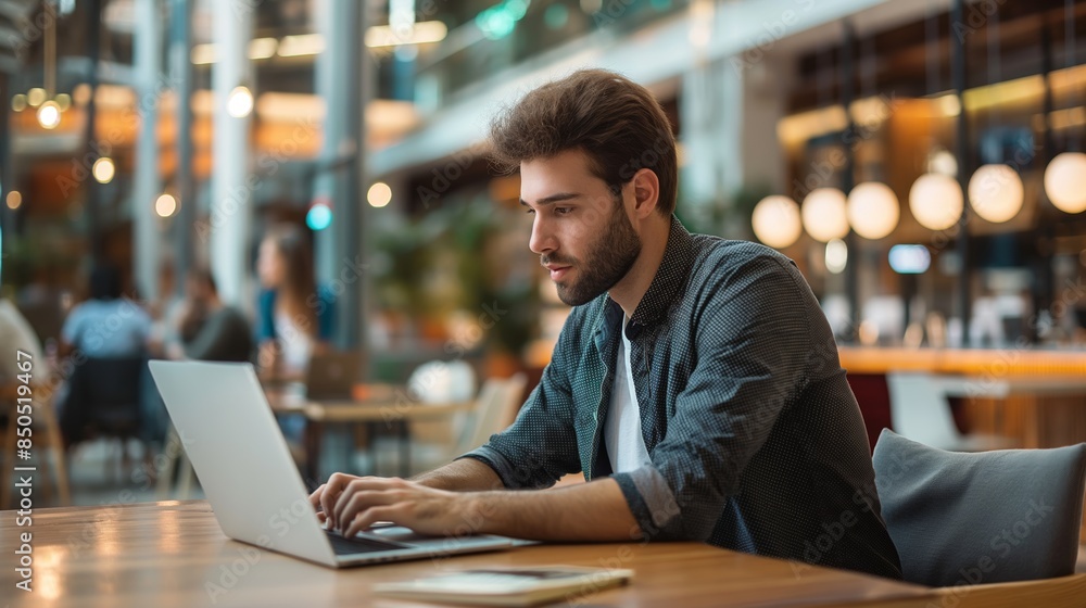 Fototapeta premium A young man casually works on his laptop at a modern cafe, focused and productive in an urban setting.