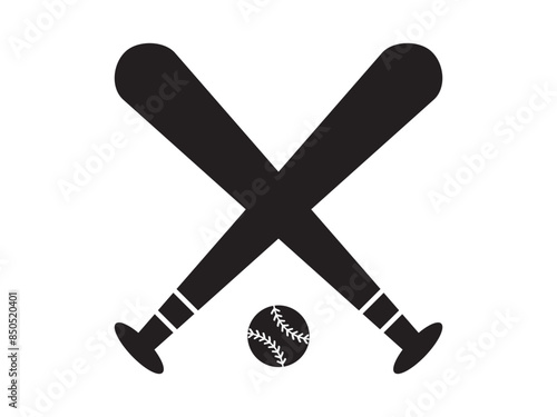 Two crossed baseball bats with ball icon in flat style. on white background, Monochrome icon sports tool. Vector illustration,