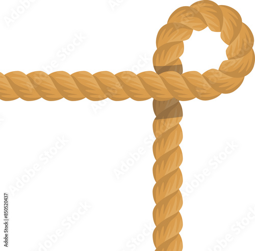 Detailed realistic rope knot graphic. Strong twisted rope tied knot isolated white background. Beige strength durability concept