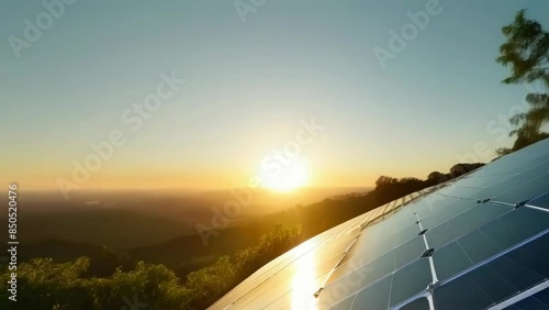 Photograph of solar panels on a hillside reflecting the setting sun. The background shows lush greenery and a serene sunset sky. The scene evokes tranquility and sustainable energy.
