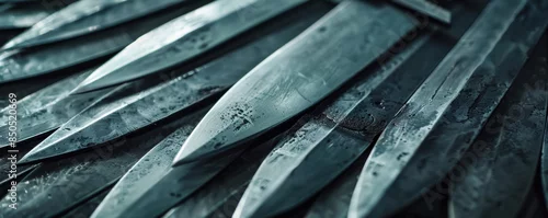 Obraz  z motywem A close-up view of several finely crafted knives arranged in a row, showcasing detailed textures and metallic finishes.
