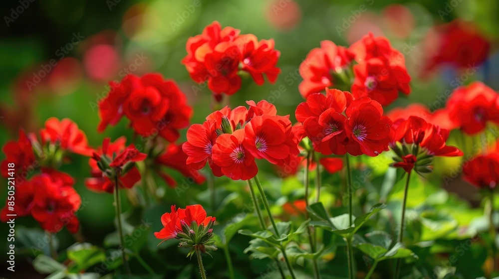 Red geraniums blooming in a garden during the summer Red geraniums blooming in a garden during the summer