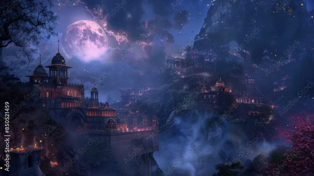 Obraz premium Moonlit mist and rich jewel tones create a mystical Diwali ambiance backdrop