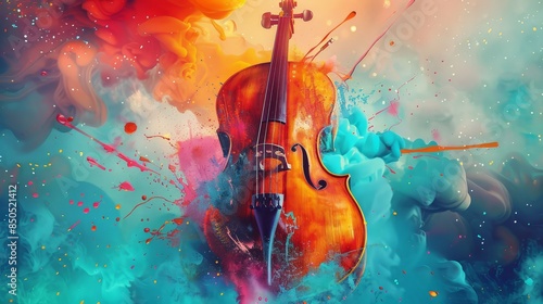 Colorful violin with abstract smoke - A vibrant abstract image featuring a violin intersected by waves of colorful smoke and paint splashes