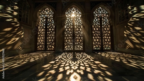 Light and shadow interplay with intricate patterns and geometric shapes backdrop