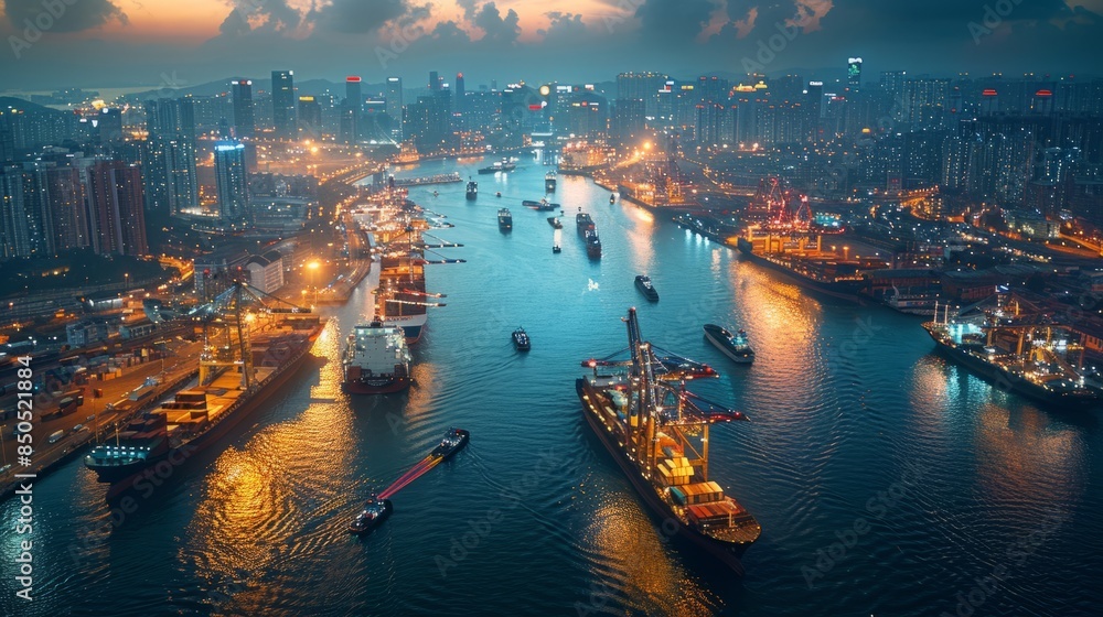 Naklejka premium Cityscape with harbor at dusk