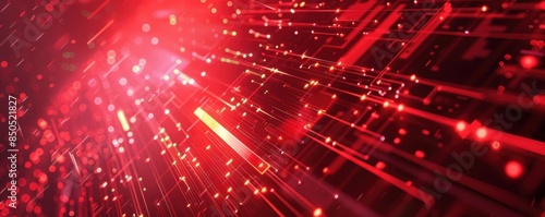 Abstract background with glowing red lines and particles, representing technology, speed, and digital data flow. photo