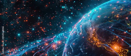 Abstract digital globe with network lines and glowing connections representing global communication and technology on space background.