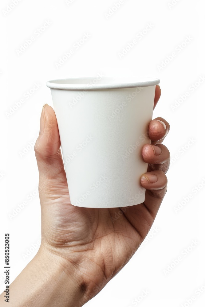 Obraz premium photo of a Closeup of hand holding white paper coffee cup isolated on white background, photo 