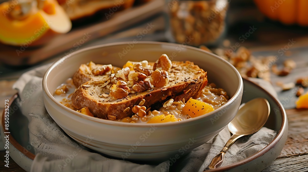 A bowl of wheat cereal with pumpkin toast A bowl of wheat cereal with pumpkin toast