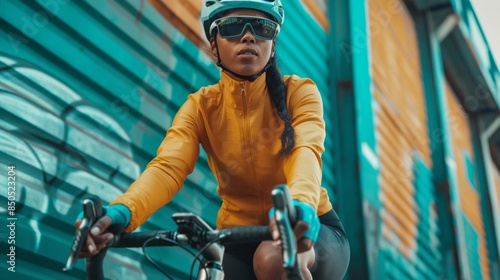 Cyclist in yellow jacket and helmet rides a bike past urban graffiti-covered walls. photo