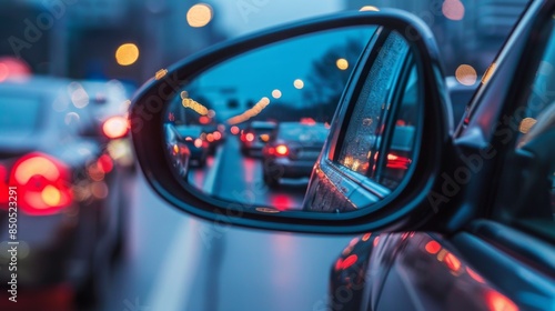 Close-up of a car's rearview mirror reflecting traffic on a busy highway