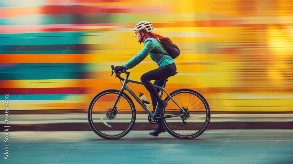 Fototapeta premium Woman rides a bicycle swiftly against a vibrant, colorful urban background, emphasizing speed and motion.