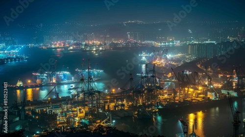 A bustling trade port illuminated by the glow of artificial lights at night, revealing the continuous activity of cranes and ships amidst the darkness
