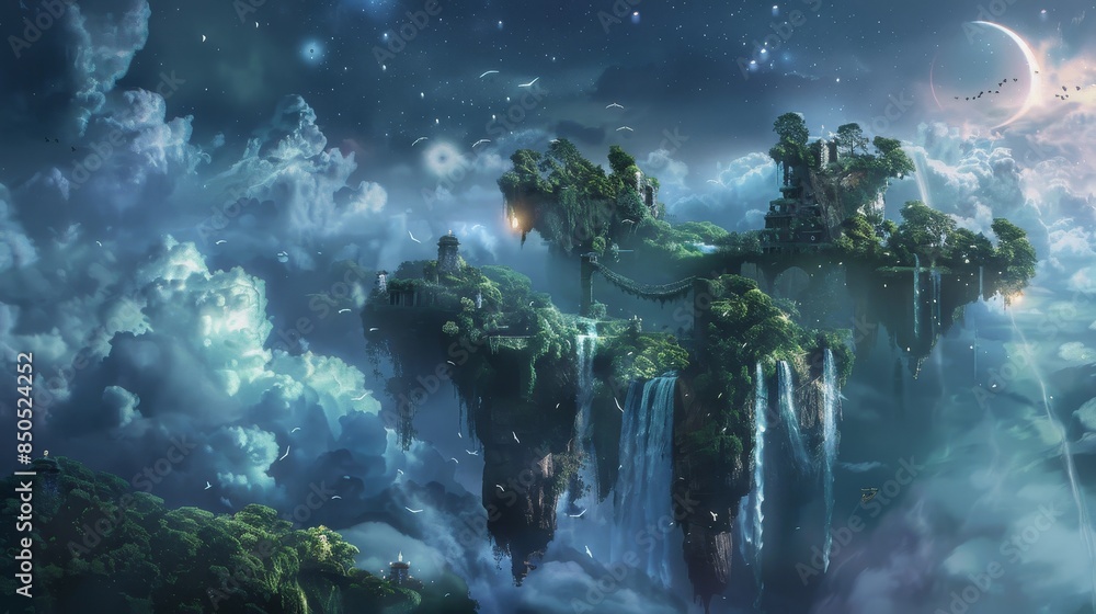 Obraz premium Floating islands and crescent moonlight with hidden Black Friday elements backdrop