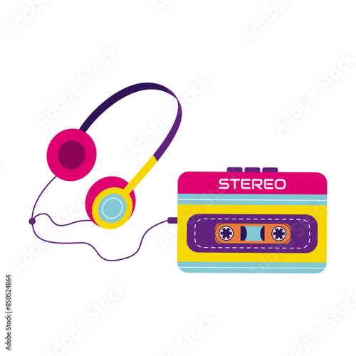 90s retro elements. Retro player with headphones. Color illustration in flat style. Aesthetics of the 90s
