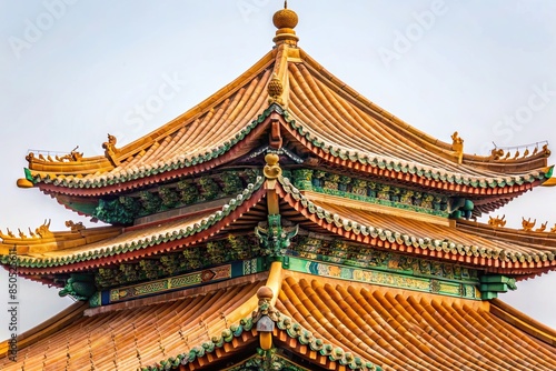 Chinese pagoda roof with traditional tiled layers and intricate eaves isolated, Chinese, pagoda, roof, traditional