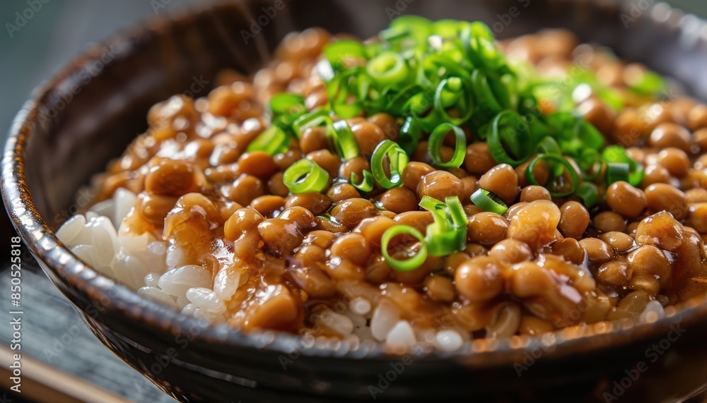 Delicious natto on steamed rice in a bowl topped with chopped green onions, showcasing traditional Japanese cuisine. Delicious natto on steamed rice in a bowl topped with chopped green onions, showcasing traditional Japanese cuisine.