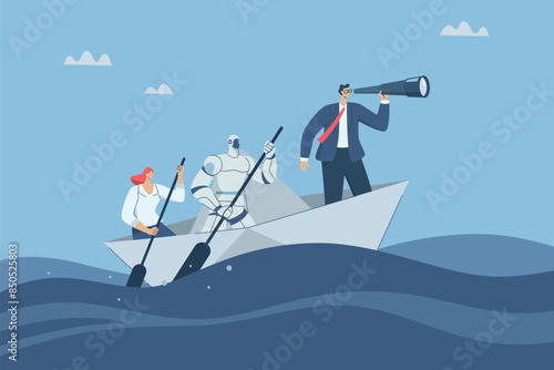 Discovering new opportunities and business investments with the support of AI, Working with artificial intelligence, Business team and robots are rowing paper boats with binoculars looking forward.
