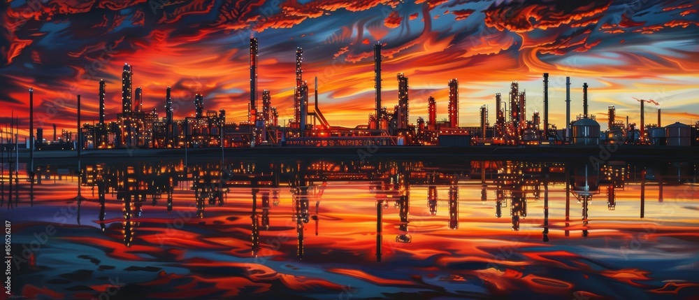Obraz premium Dramatic sunset or sunrise over an industrial landscape with reflection in the water providing a vivid display of colors and structure silhouettes.