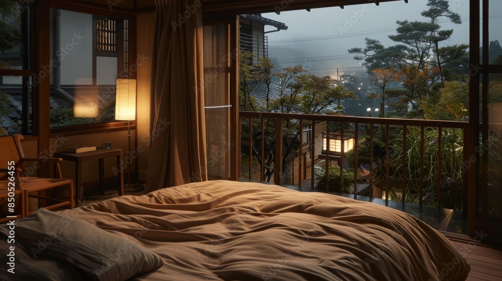 night, A bedroom with an open balcony overlooking the building and garden, The bed is covered by beige sheets, and on one side sits a wooden chair next to a table lamp night, A bedroom with an open balcony overlooking the building and garden, The bed is covered by beige sheets, and on one side sits a wooden chair next to a table lamp