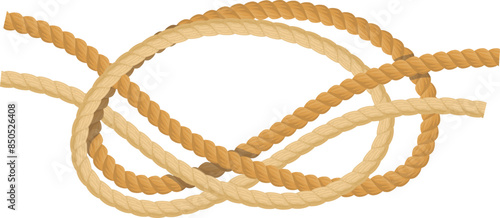 Twisted beige rope intricate knot isolated white background. Complex beige braided rope nautical theme illustration. Detailed knot marine equipment graphic design