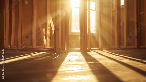 Wood framing and flooring structure with golden sunlight shining through window frame at empty room New construction house framework of real estate development industry Renovation buil : Generative AI photo