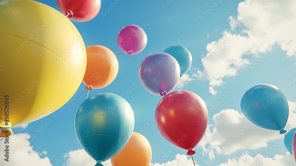 A close up view of group of different colours of balloons flying in the sky A close up view of group of different colours of balloons flying in the sky
