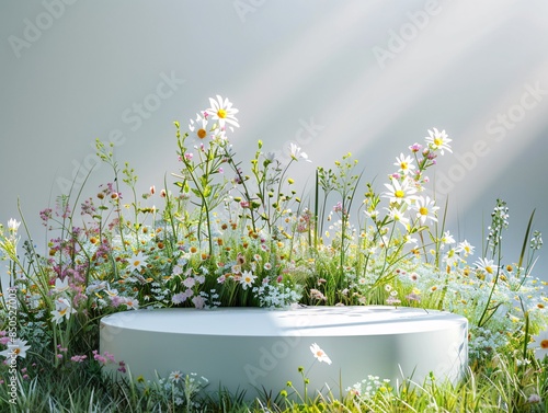 Elegant white podium amidst blooming spring flowers in a serene natural setting isolated on transparency PNG background, perfect for product display or nature-themed compositions.
