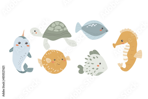 Cute childrens sea animals set. Marine underwater elements collection. Ocean inhabitants set of fugu,turtle and other cute characters. Wild aquatic creatures in childish naive hand drawn style.