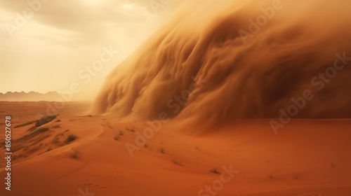 Dust storm overtaking desert landscape.