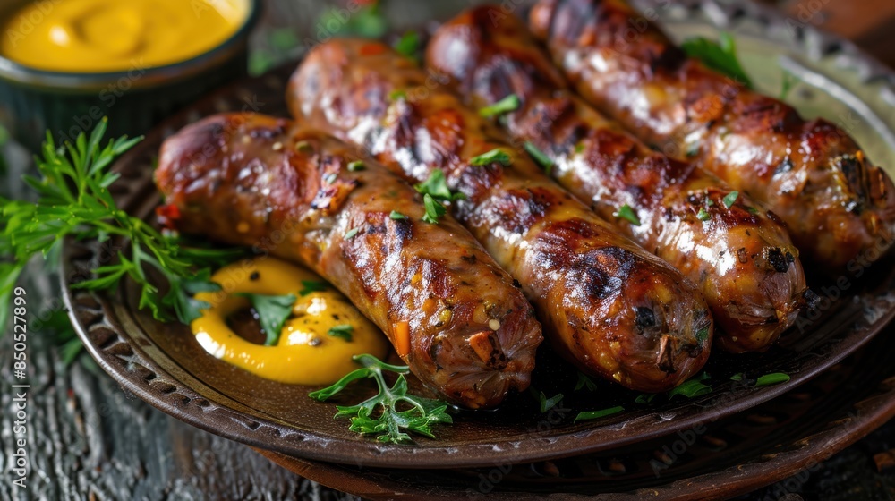 Grilled sausages on a plate with fresh herbs and mustard dip. Perfect for BBQ, festive meals, and outdoor dining. Close-up, rustic setting. Grilled sausages on a plate with fresh herbs and mustard dip. Perfect for BBQ, festive meals, and outdoor dining. Close-up, rustic setting.