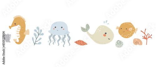 Childrens sea animal background with shell. Nautical elements border. Cute fish or ocean inhabitant with seaweed. Sea wild life, marine animals with plants for cover design, cloth