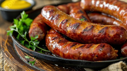 Grilled sausages in a black dish with fresh parsley and mustard on a wooden table, highlighting delicious barbecue flavors.